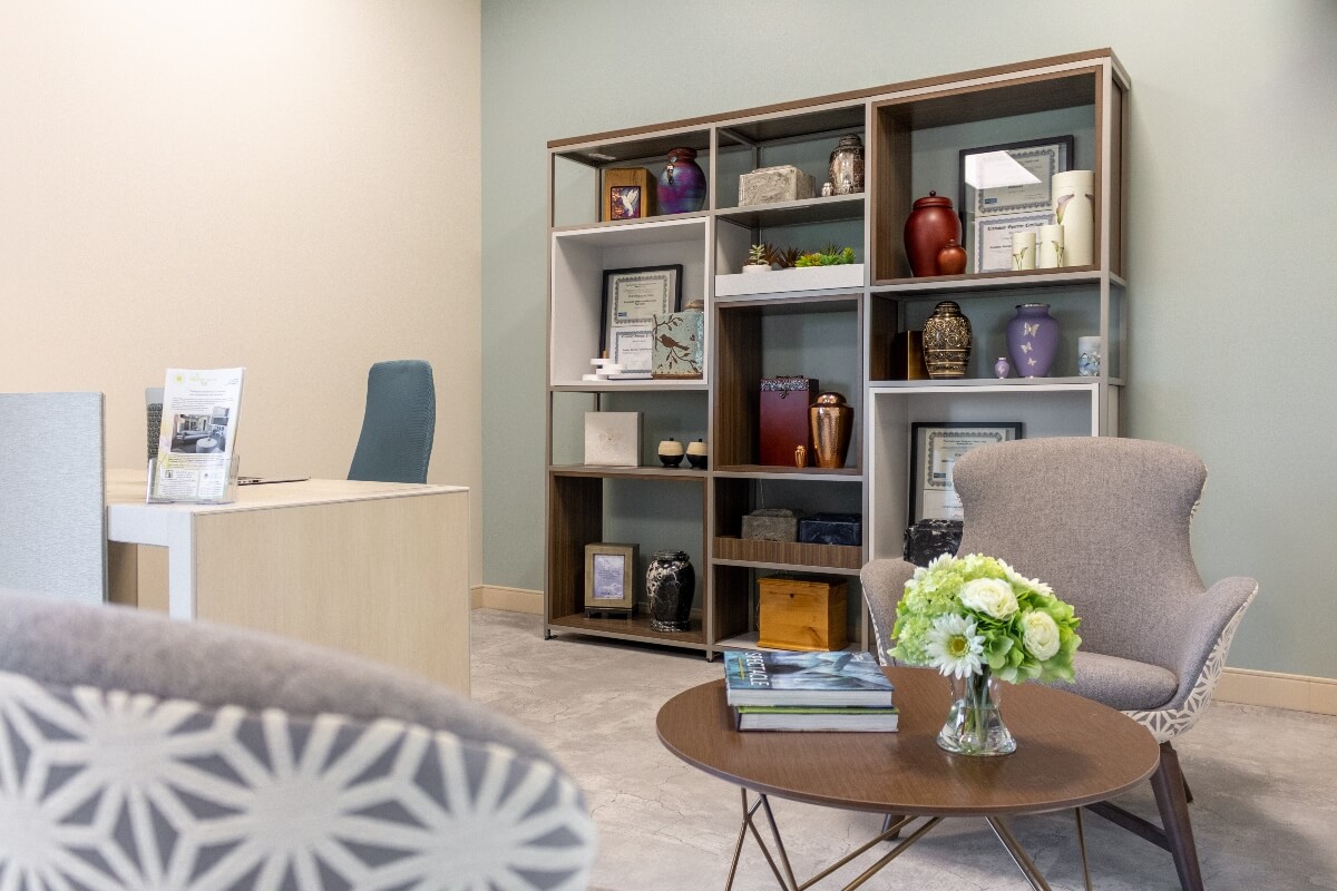 comfortable modern office with decorative bookshelf